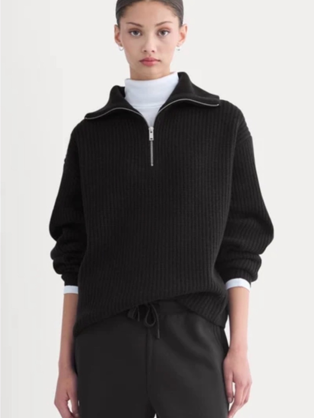everlane women’s black 100% wool ribbed knit quarter zip sweater. S